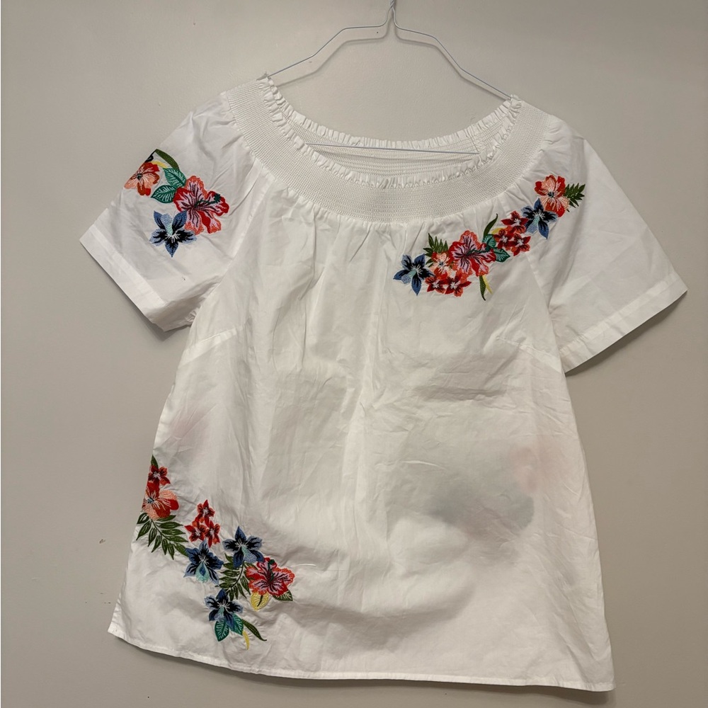 Talbots White and Red Floral Embroidered Blouse NWOT